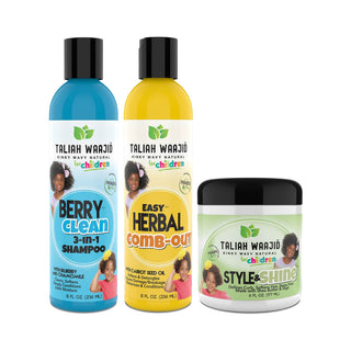 TALIAH WAAJID KINKY | WAVY | NATURAL ALL TEXTURES BUNDLE FOR KIDS |BERRY CLEAN 3-IN-1 8OZ|EASY HERBAL COMB OUT 8 OZ |HERBAL STYLE & SHINE FOR NATURAL HAIR 6 OZ