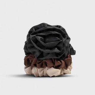 Kitsch Rosette Ruched Satin Scrunchies 3pc Set Black